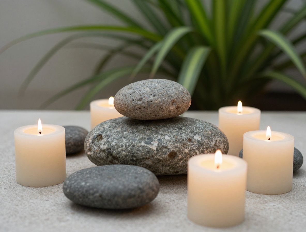 Espacio de meditación minimalista con velas, piedras de río apiladas y planta verde en penumbra, representando técnicas de manejo del estrés y equilibrio mental.