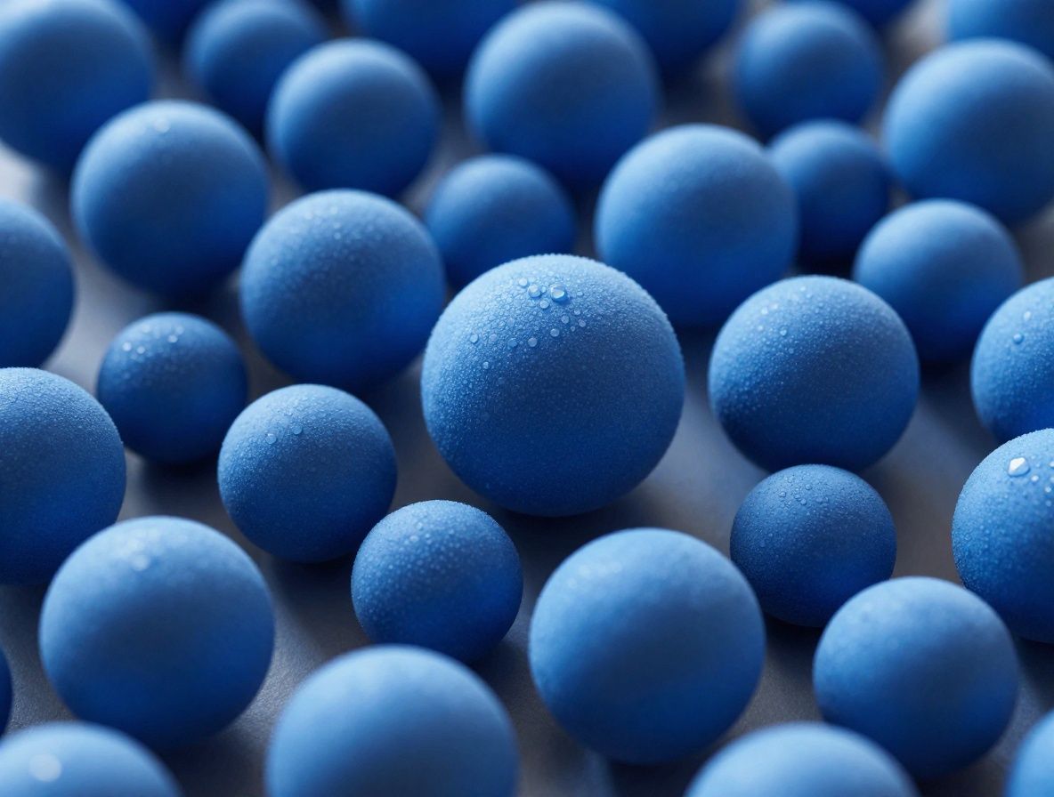 Representación abstracta de moléculas de vitaminas y compuestos nutritivos en forma de esferas coloridas interconectadas sobre fondo oscuro azul marino.